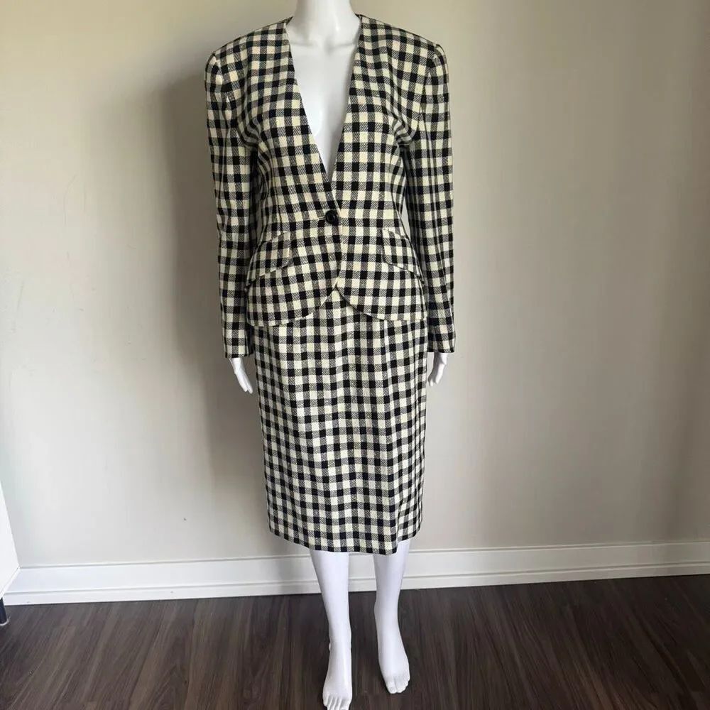 Vintage Christian Dior Black White Wool Checkerboard Skirt Suit Blazer 90’s